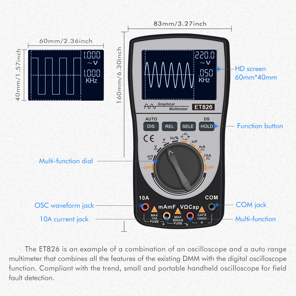 Oscilloscope Multimeter 2-in-1 ET826 20kHz Bandwidth